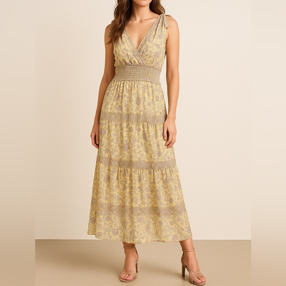 Taylor Butter Yellow & Lavender Floral Flowy Maxi Dress – Size 16 Romantic/Boho
